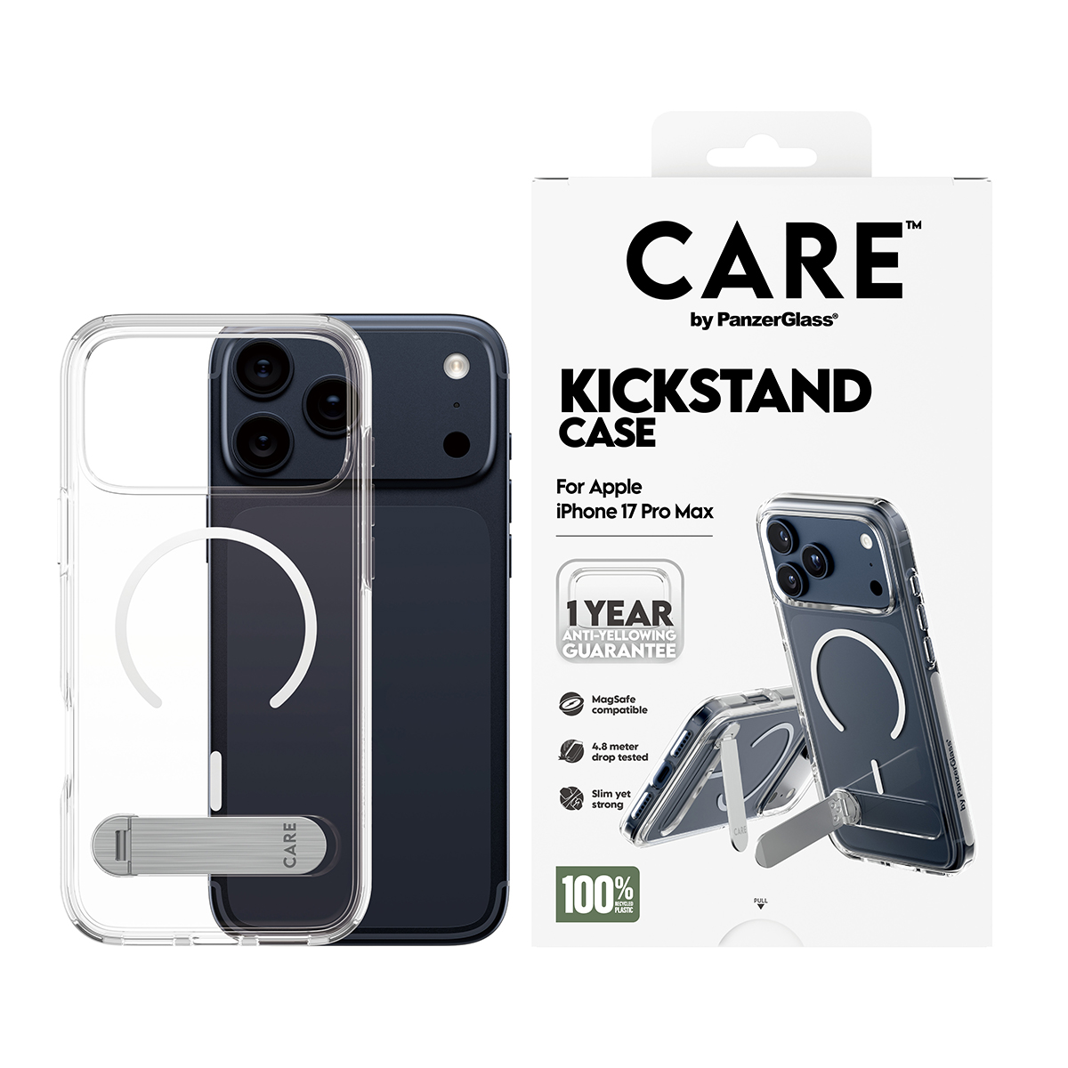 Karanlık bir telefonda standlı şeffaf telefon kılıfı. Kutuda iPhone 17 Pro Max için 'CARE' ve 'KICKSTAND CASE' yazıyor.