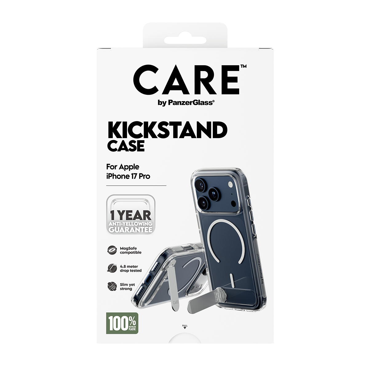 Şeffaf bir iPhone kılıfı ile bir telefon kılıfı kutusu. Kutunun üzerindeki metin 'CARE' ve iPhone 17 Pro için 'KICKSTAND CASE' yazıyor.