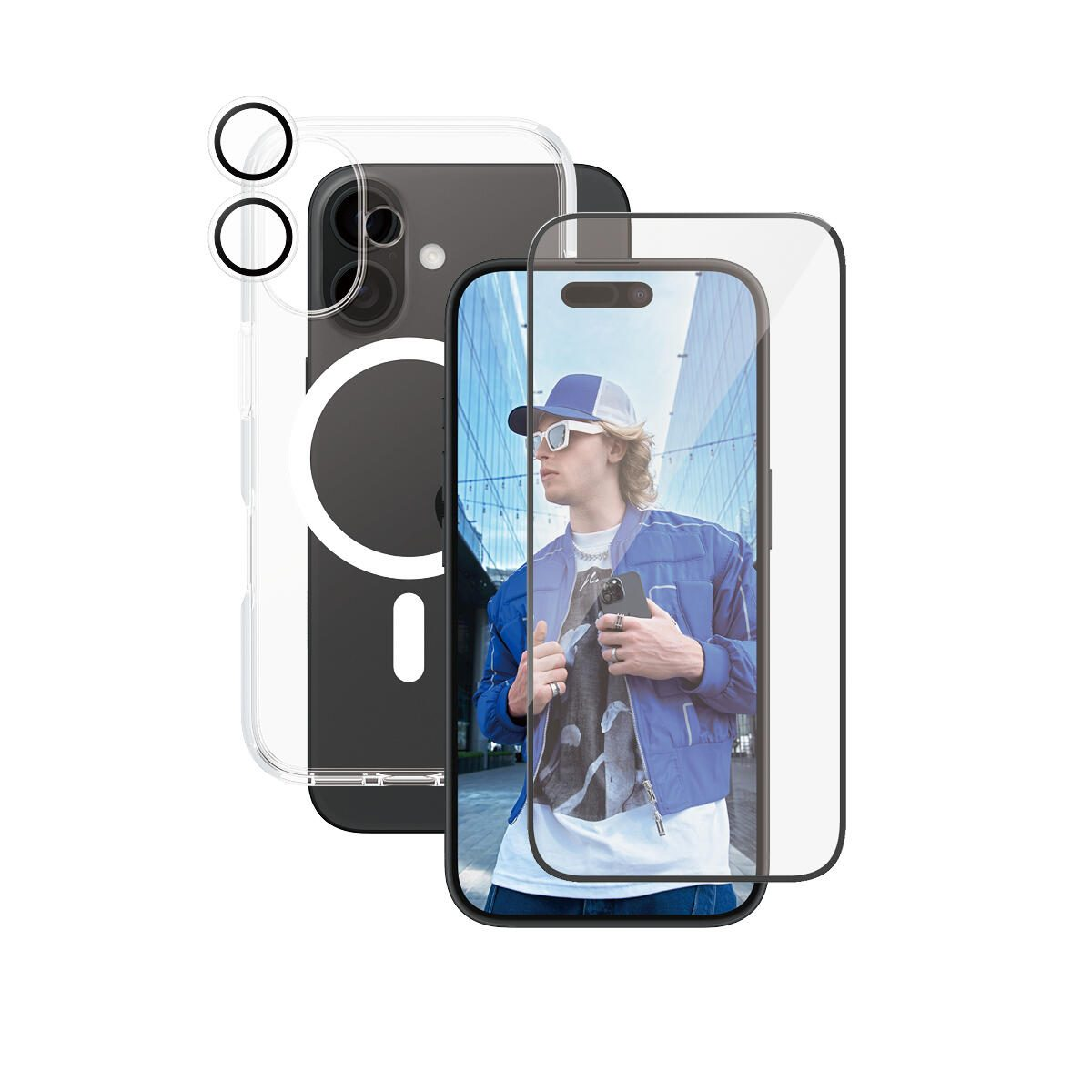 Un telefono con protezione schermo e custodia, che mostra un uomo con occhiali da sole e giacca blu.