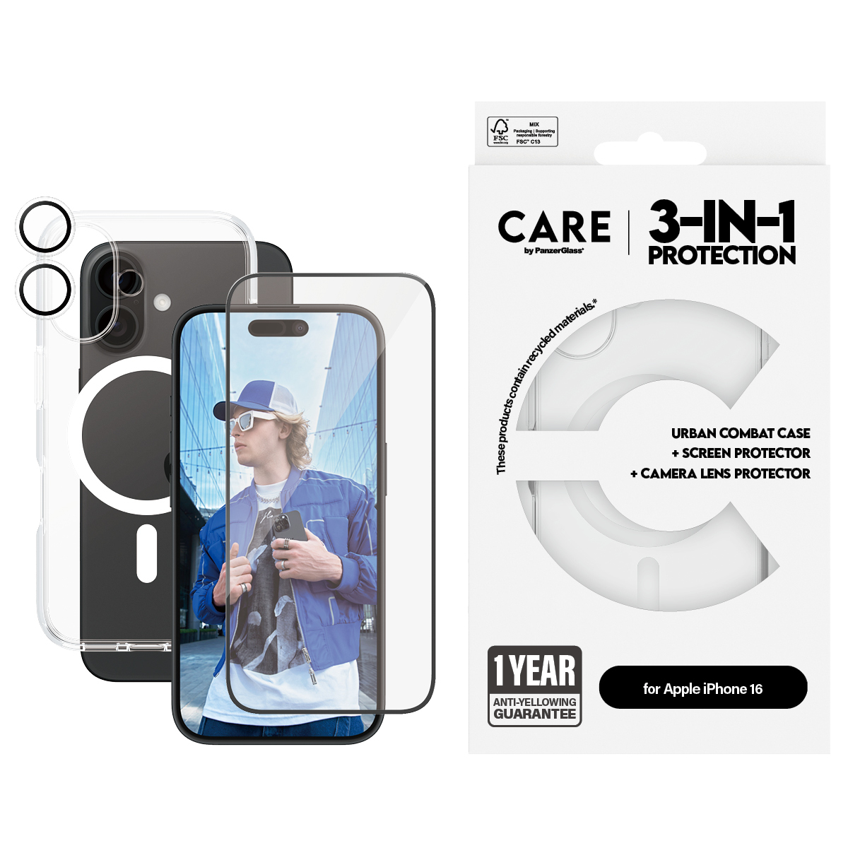 L'immagine mostra un kit di protezione per telefono. Include custodia, protezione schermo e protezione obiettivo. La confezione dice 'protezione 3-in-1' e 'per Apple iPhone 16'.