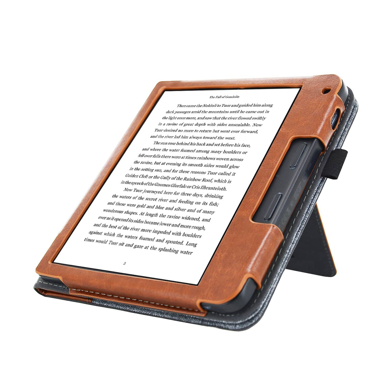 Een e-reader in een bruine leren hoes, omhooggeklapt, met tekst. De achtergrond is wit.