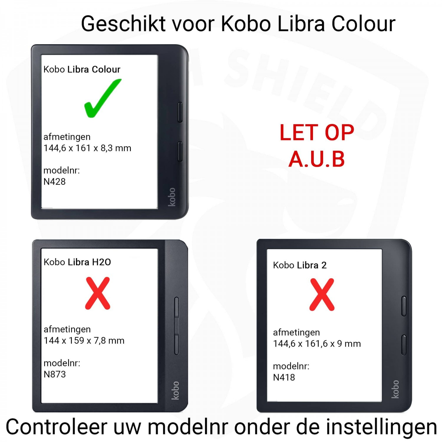 Afbeelding toont drie Kobo e-readers. Eén is compatibel, gemarkeerd met een groene vink. Twee zijn niet compatibel, gemarkeerd met rode kruizen.