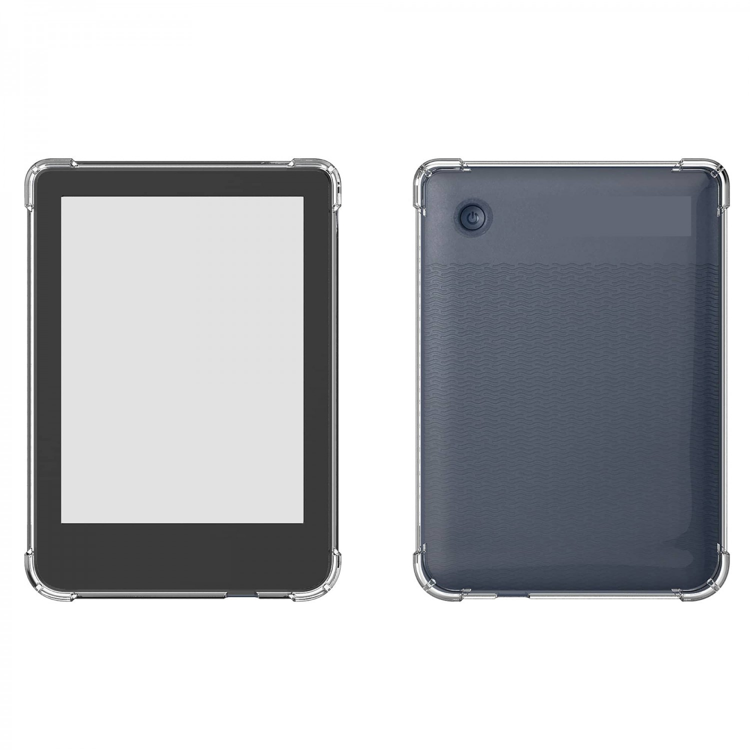 Twee weergaven van een e-reader. Voorkant toont scherm, achterkant heeft aan/uit-knop en golfpatroon, beide in doorzichtige hoes.