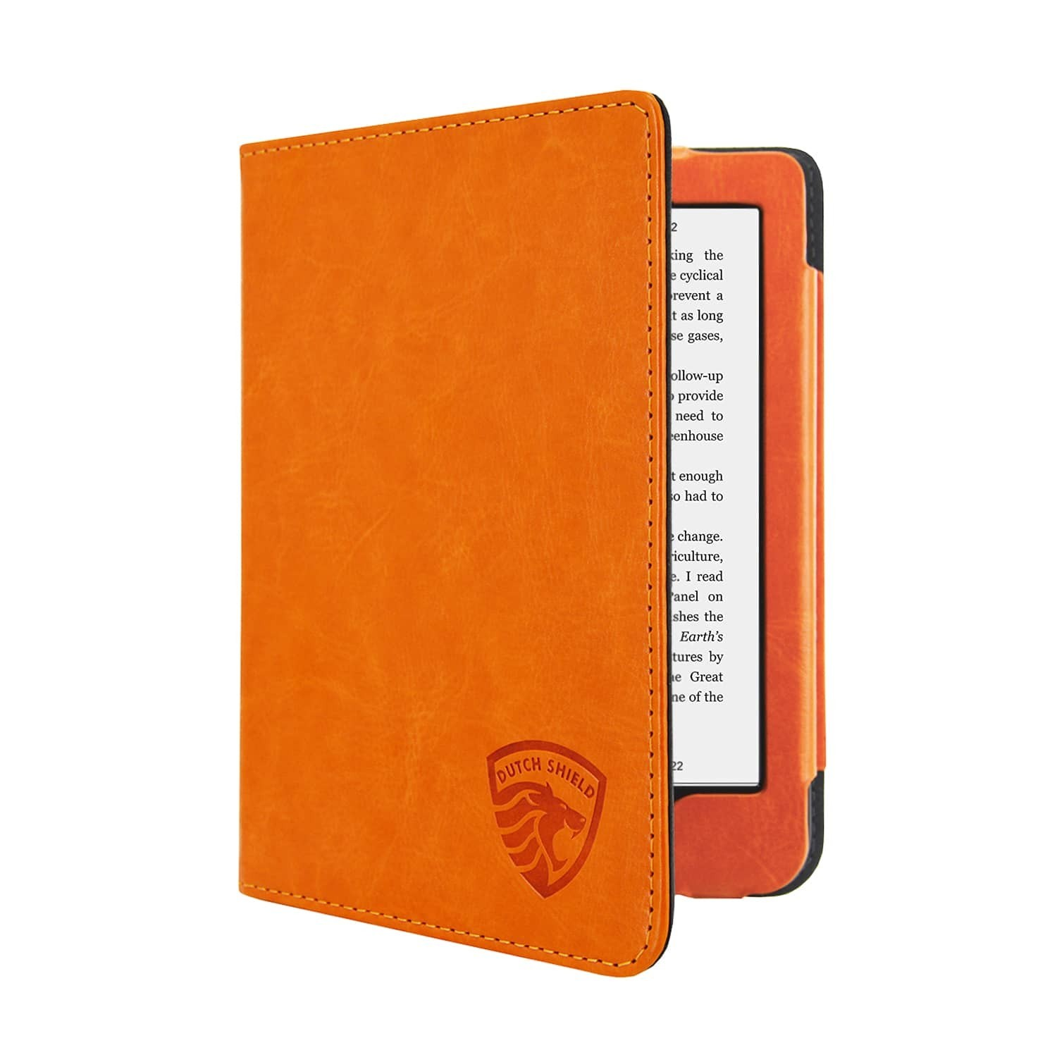 Een oranje e-reader hoesje met een Dutch Shield logo. Het scherm toont tekst, gedeeltelijk bedekt door de flap.