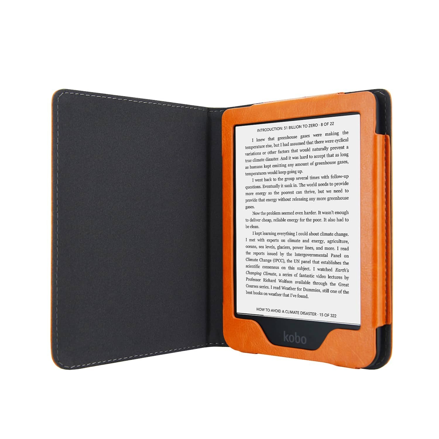 Een oranje Kobo e-reader open in een zwarte hoes, met tekst over klimaatverandering.