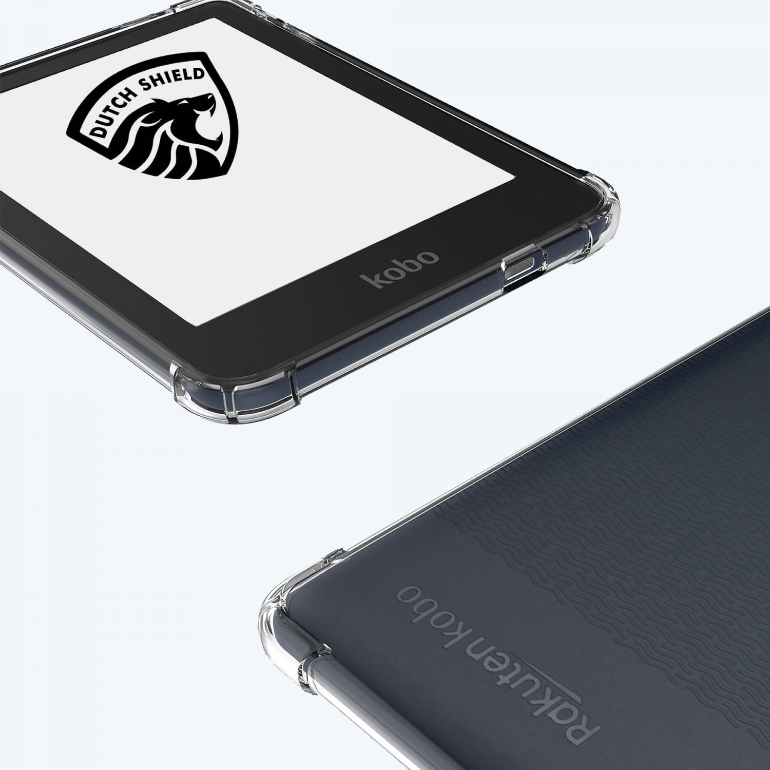 Close-up van twee Kobo e-readers met transparante hoesjes. Eén toont het scherm met Dutch Shield logo, de andere de achterkant met Rakuten Kobo.