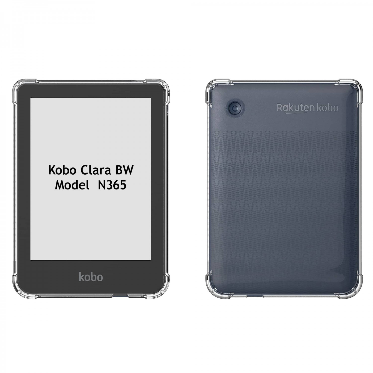 Twee Kobo Clara BW e-readers. Eén toont het scherm, de ander de achterkant. Beide hebben doorzichtige cases. Het scherm toont Kobo Clara BW.