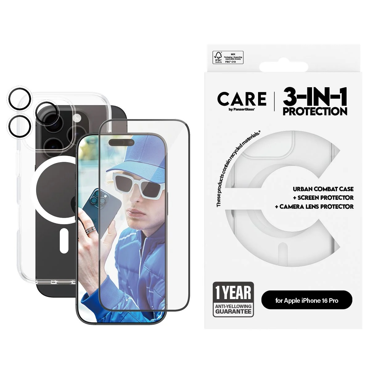 Bir telefon ekran koruyucu kiti görüntüleniyor. Bir ekran koruyucu, bir kılıf ve bir telefon tutan bir adam içerir. Arka planda bir kutu var.