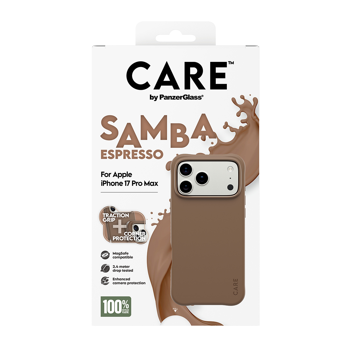 İçinde kahverengi bir telefon kılıfı bulunan bir telefon kılıfı kutusu. Kutuda CARE, SAMBA ESPRESSO yazıyor ve MagSafe uyumluluğu gibi özellikleri listeliyor.