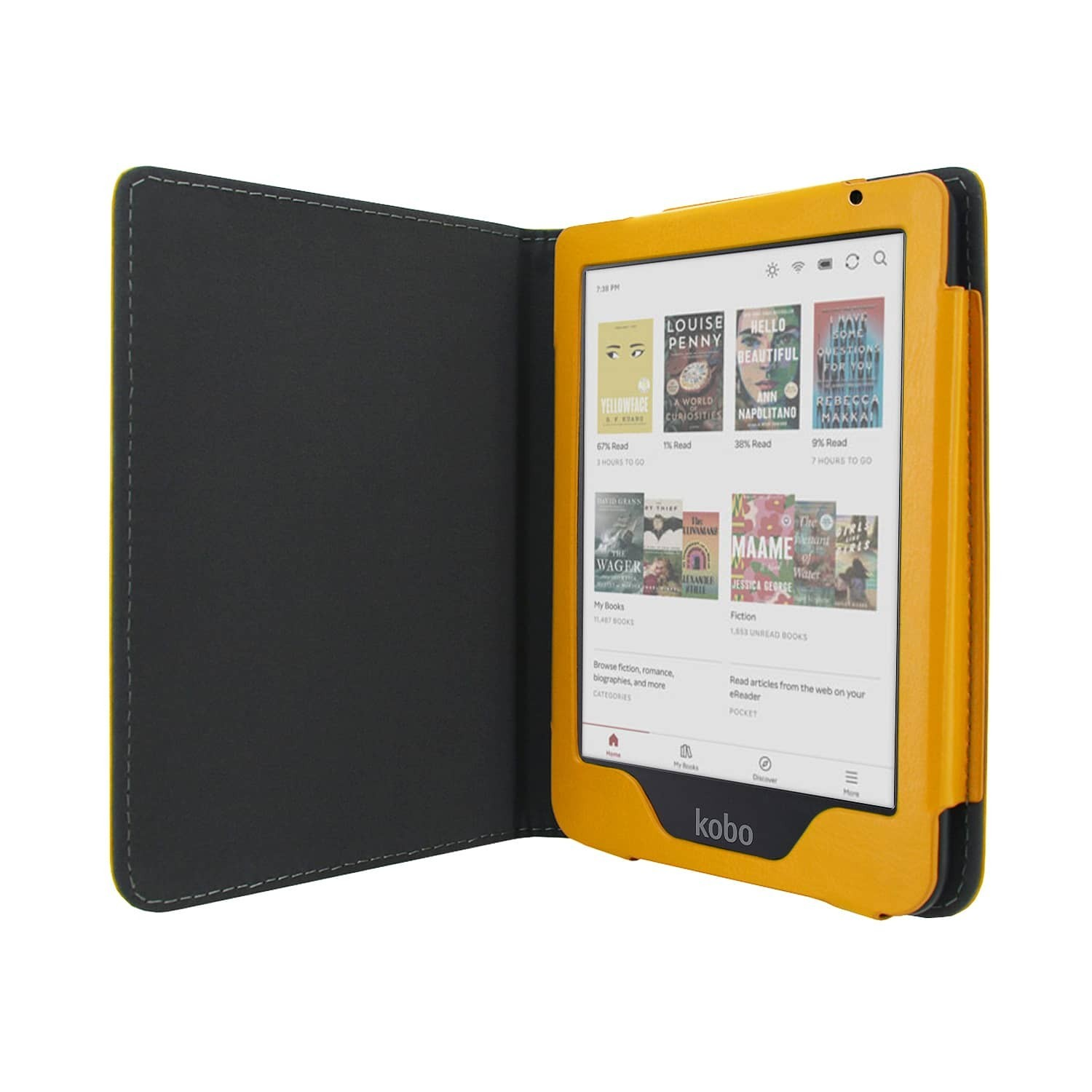 Een gele en zwarte e-reader met boekomslagen, in een open hoes. Het scherm toont het 'kobo'-logo.