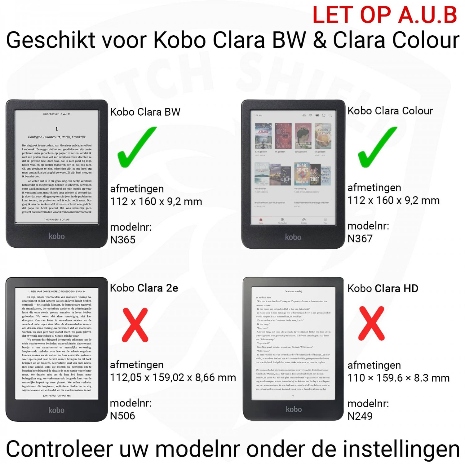 Afbeelding toont Kobo e-readers. Twee modellen zijn compatibel, twee niet. Tekst en vinkjes geven compatibiliteit aan.