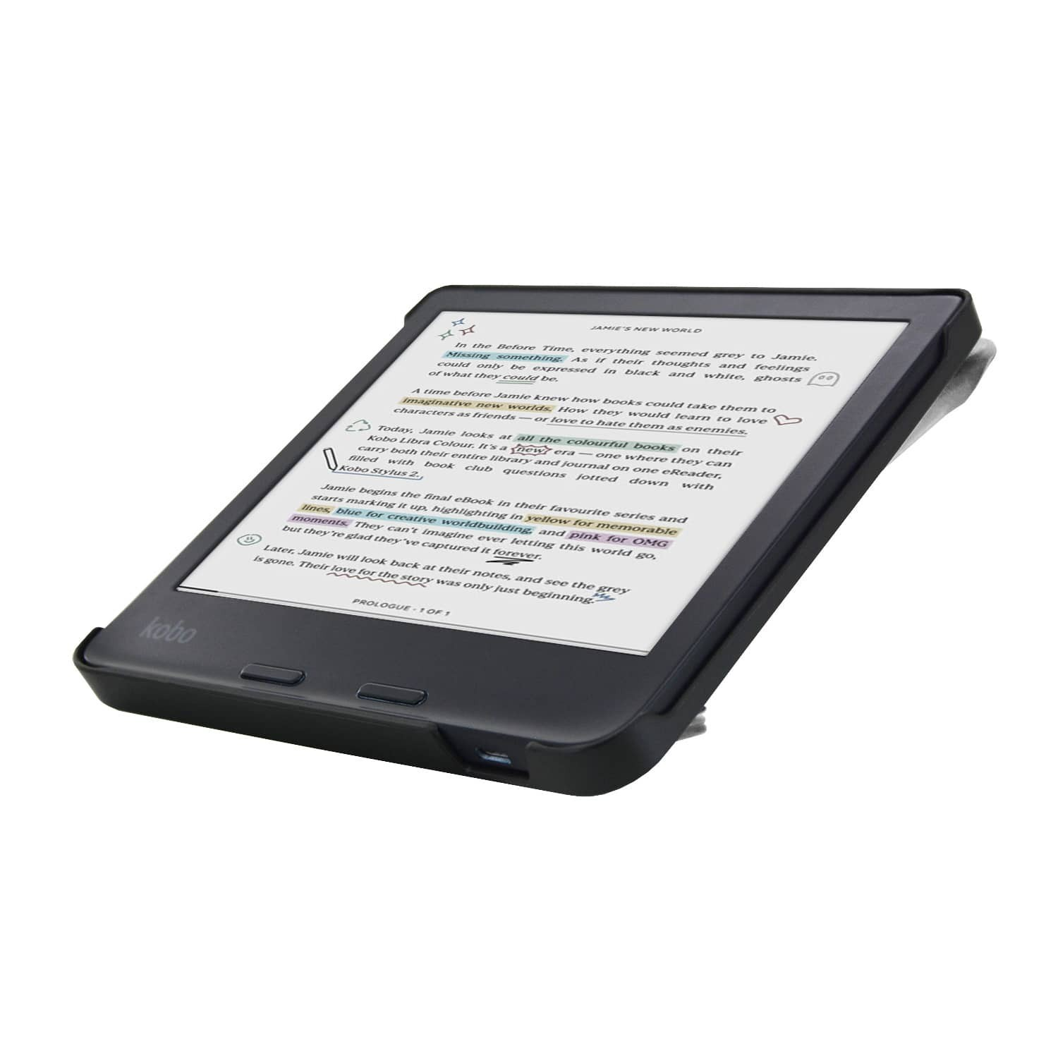 Zwarte Kobo e-reader met gemarkeerde tekst op witte achtergrond.