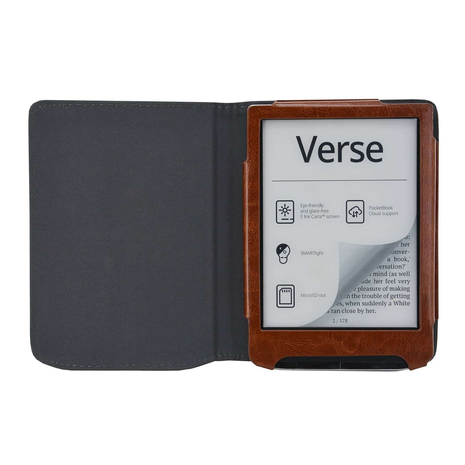 Een e-reader met een bruine leren hoes is open. Het scherm toont 'Verse'. Pictogrammen voor functies worden weergegeven, waaronder 'Oogvriendelijk' en 'Cloud-ondersteuning'.