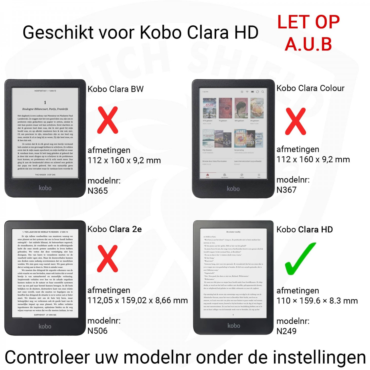 Afbeelding toont e-readers met tekst en vinkjes, die compatibiliteit met Kobo Clara HD aangeven.