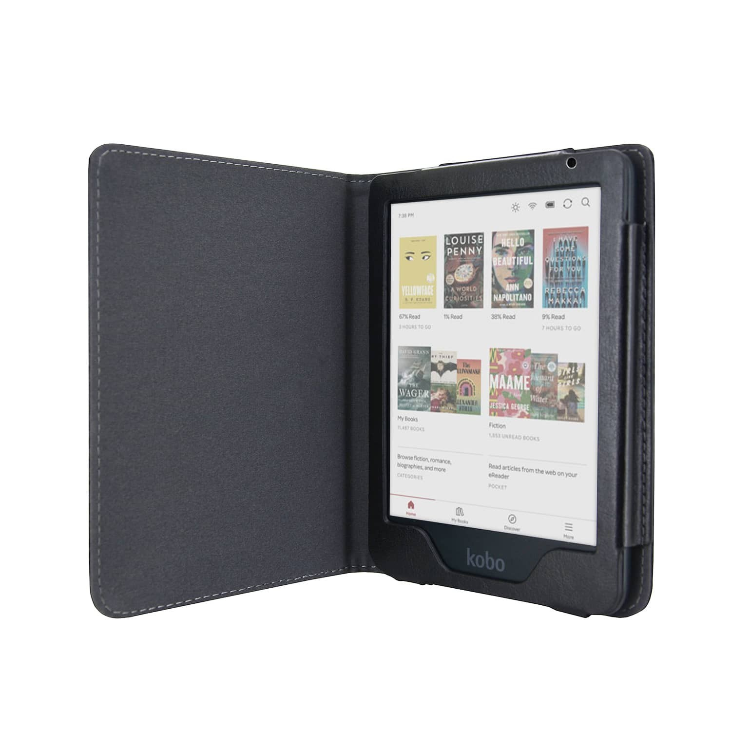 Een Kobo e-reader in een zwarte hoes, open om het scherm met boekomslagen te laten zien. De hoes is grijs met witte stiksels.