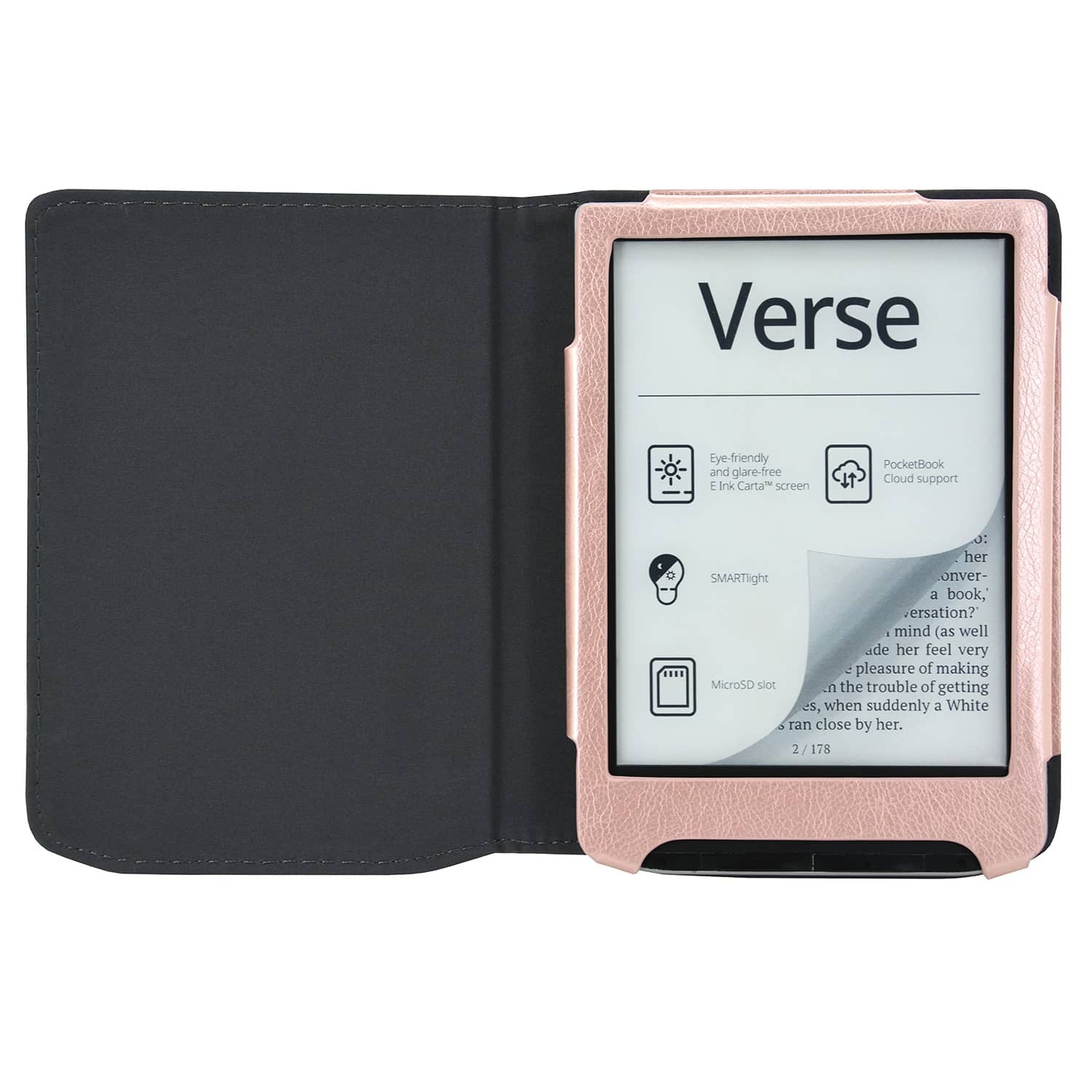 Een open e-reader met een roze hoes, met tekst erop. De e-reader zit in een zwarte hoes met het woord 'Verse' op het scherm.