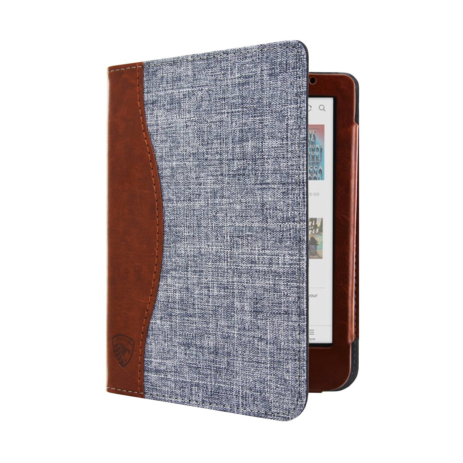 Een e-reader in een hoesje. De hoes is een mix van bruin leer en blauwe stof. Het scherm is zichtbaar.