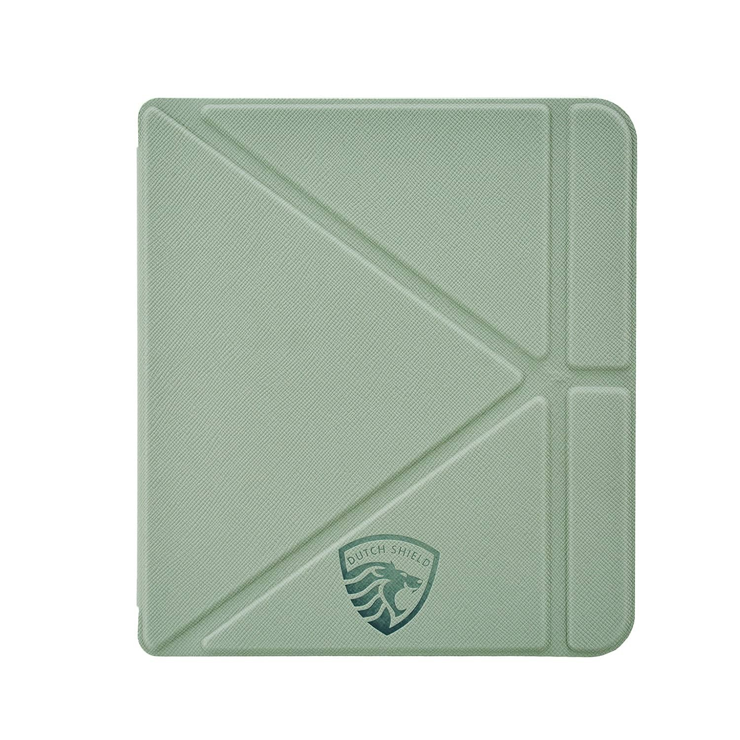 Een lichtgroene tablethoes met geometrische patronen en een Dutch Shield-logo. De hoes staat op een witte achtergrond.