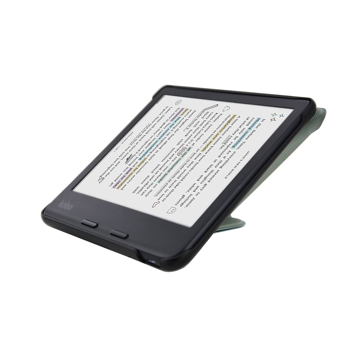 Een Kobo e-reader met een boek met gemarkeerde tekst. Het rust op een groene hoes, omhoog gekanteld. De achtergrond is effen wit.