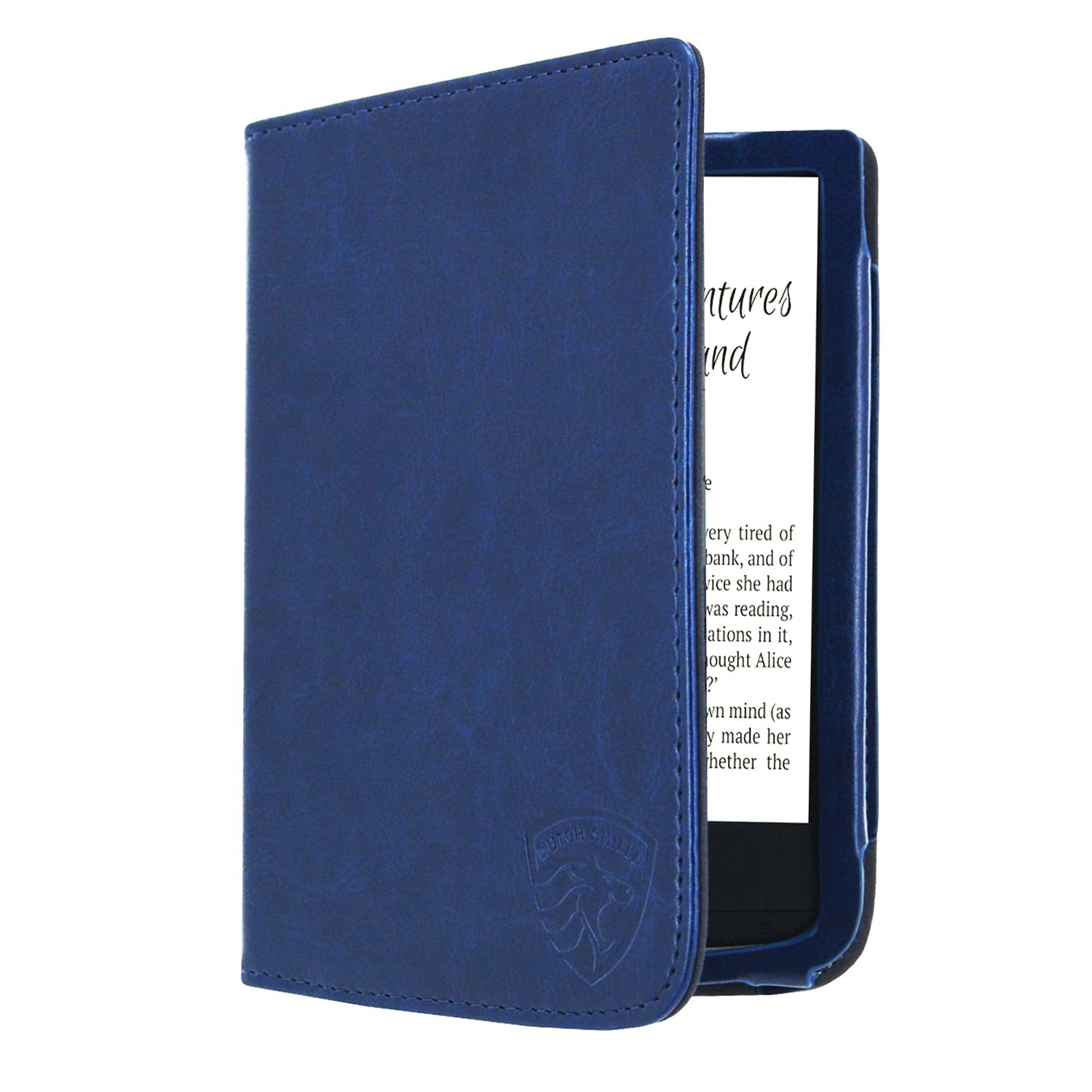 Een blauwe leren e-reader hoes is open en toont een scherm met tekst. De hoes heeft een logo en staat op een witte achtergrond.