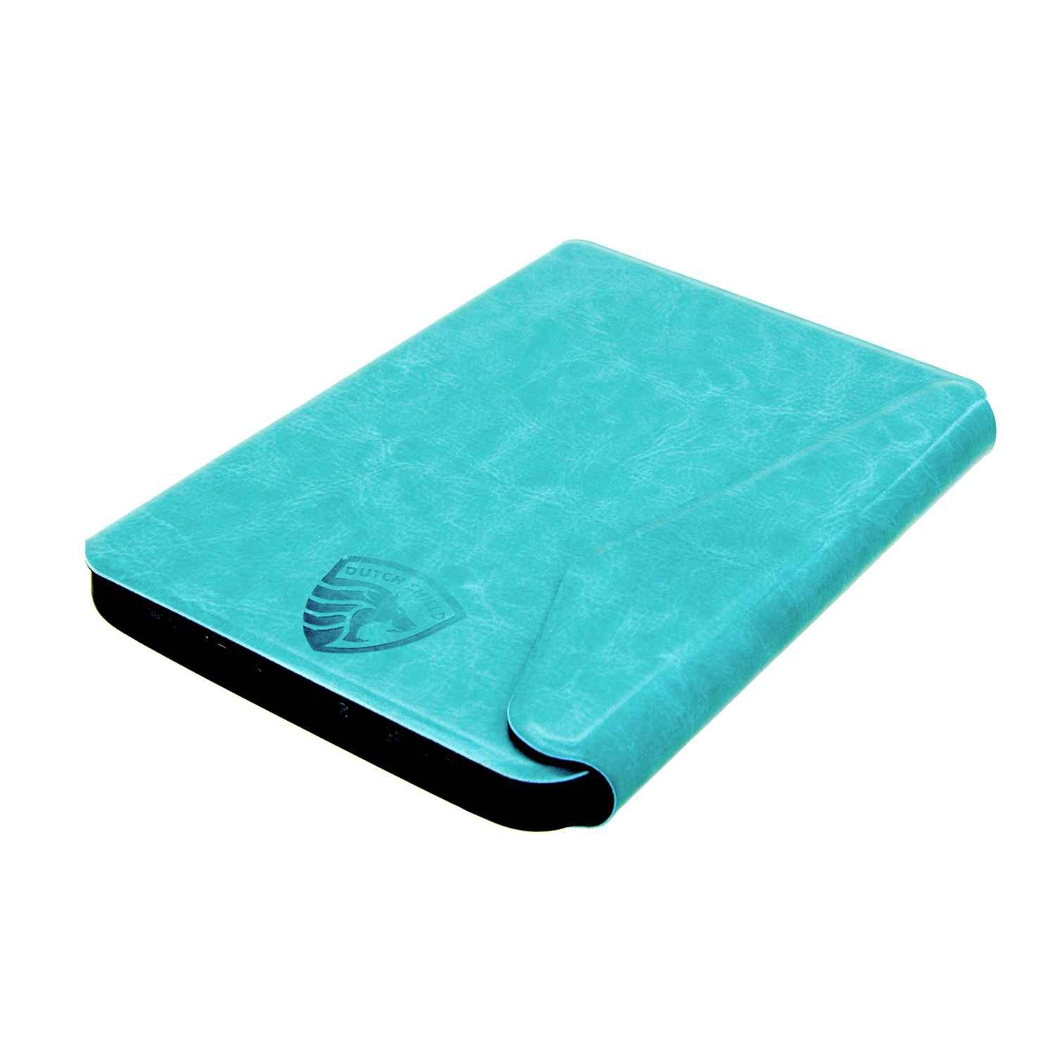Een turquoise leren hoesje met een zwarte rand. De hoes heeft een logo met de tekst 'DUTCH SHIELD'.