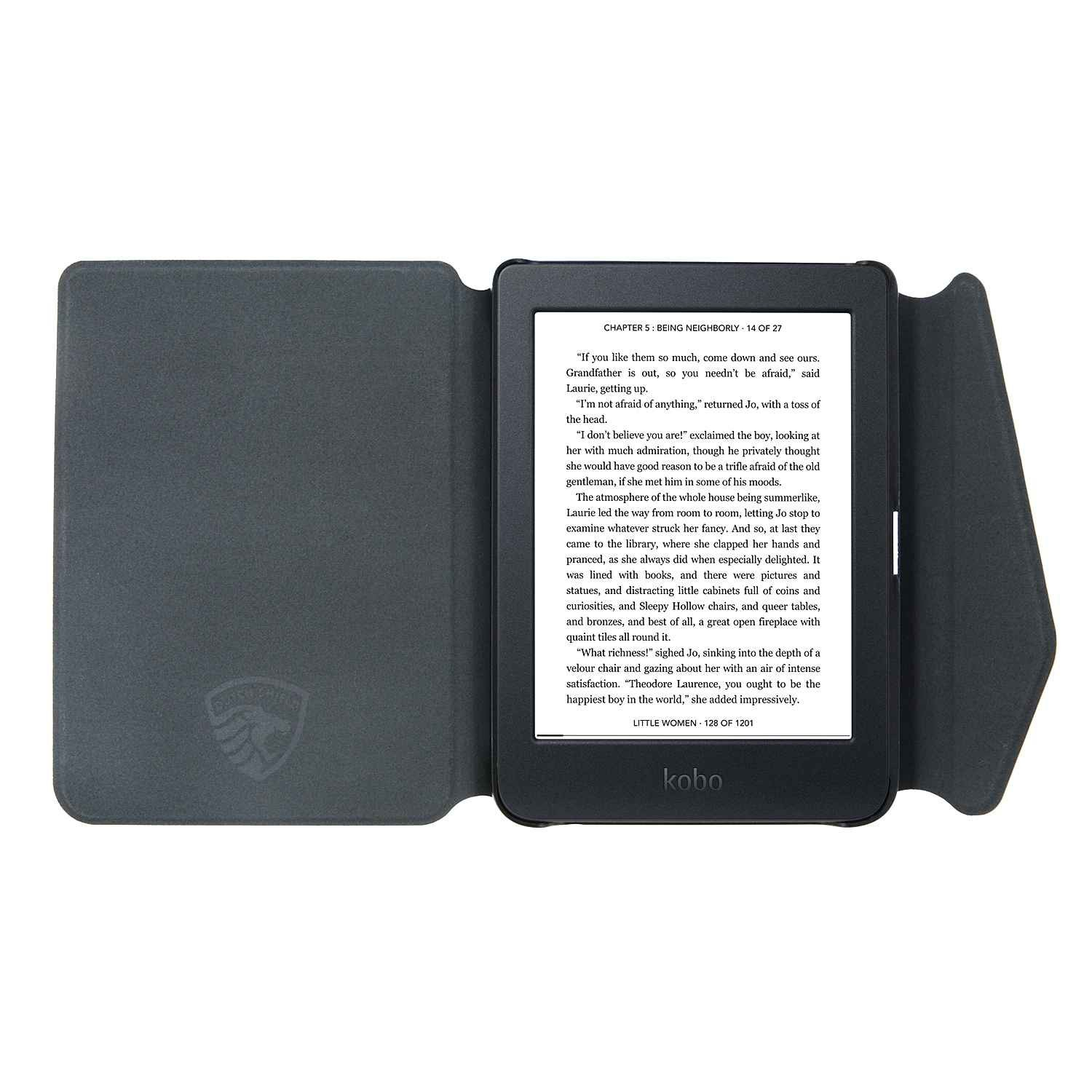 Een e-reader met een zwart scherm is open. Het zit in een donkergrijze hoes. Tekst uit een boek is zichtbaar.
