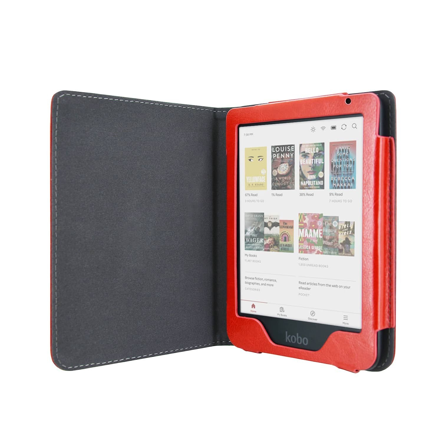 Een rode Kobo e-reader in een rode hoes is open, met een scherm met boekomslagen. De hoes is open en toont een grijze binnenvoering.