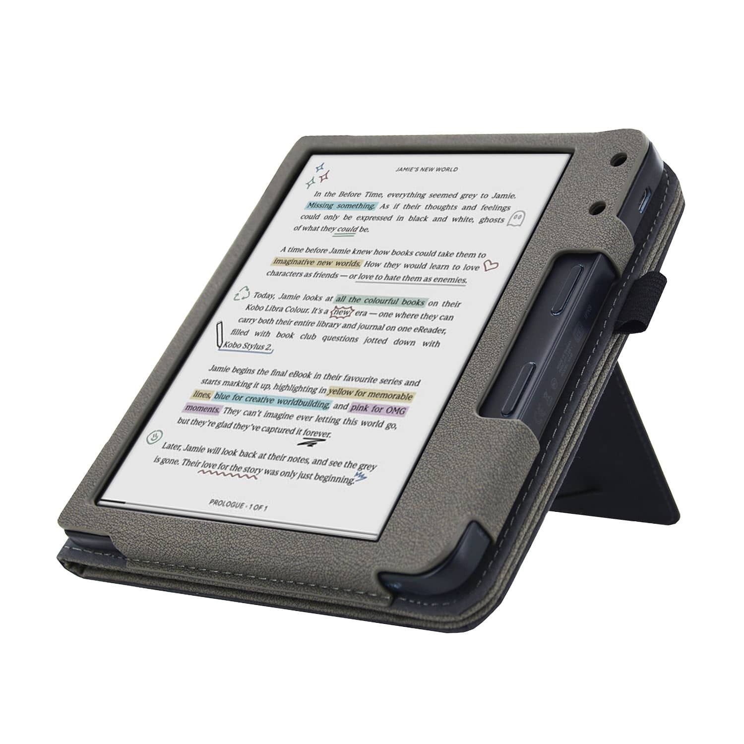 Een e-reader in een grijze hoes is open en toont tekst. Een stylus zit in een houder aan de zijkant.