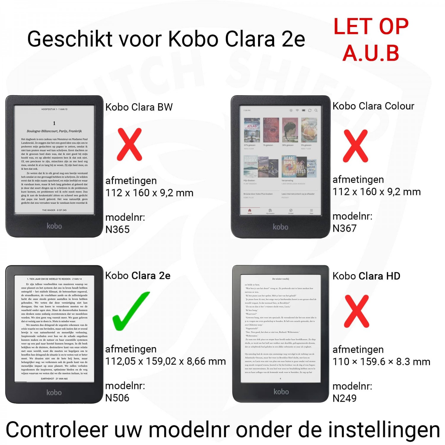 Afbeelding toont Kobo e-readers. Tekst geeft compatibiliteit met Clara 2e aan. Afmetingen en modelnummers worden vermeld.