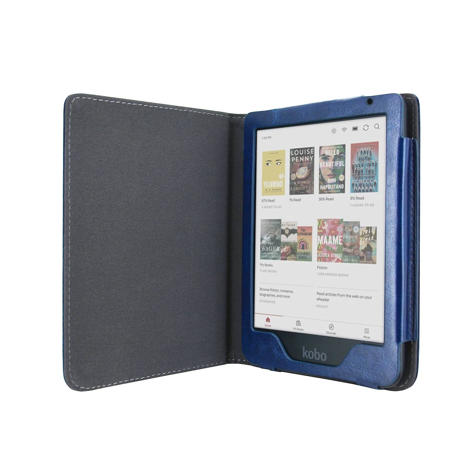 Een open blauwe Kobo e-reader met boekomslagen, in een blauw en grijze hoes. De e-reader toont verschillende boeken.