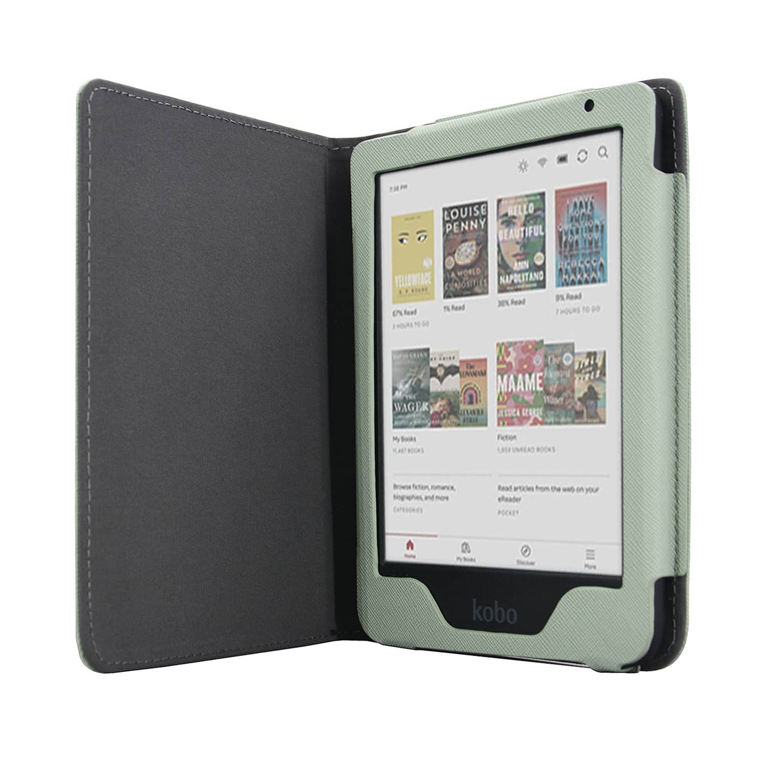 Een open Kobo e-reader in een mintgroene hoes. Het scherm toont boekomslagen. De hoes is open en onthult een donkergrijs interieur.