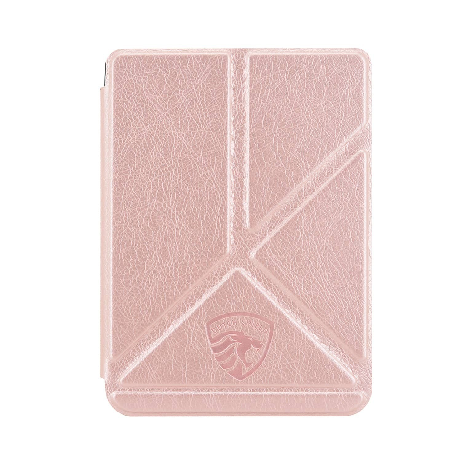 Een roze tablethoes met een getextureerd oppervlak, gevouwen ontwerp en logo aan de onderkant. De hoes is gesloten.