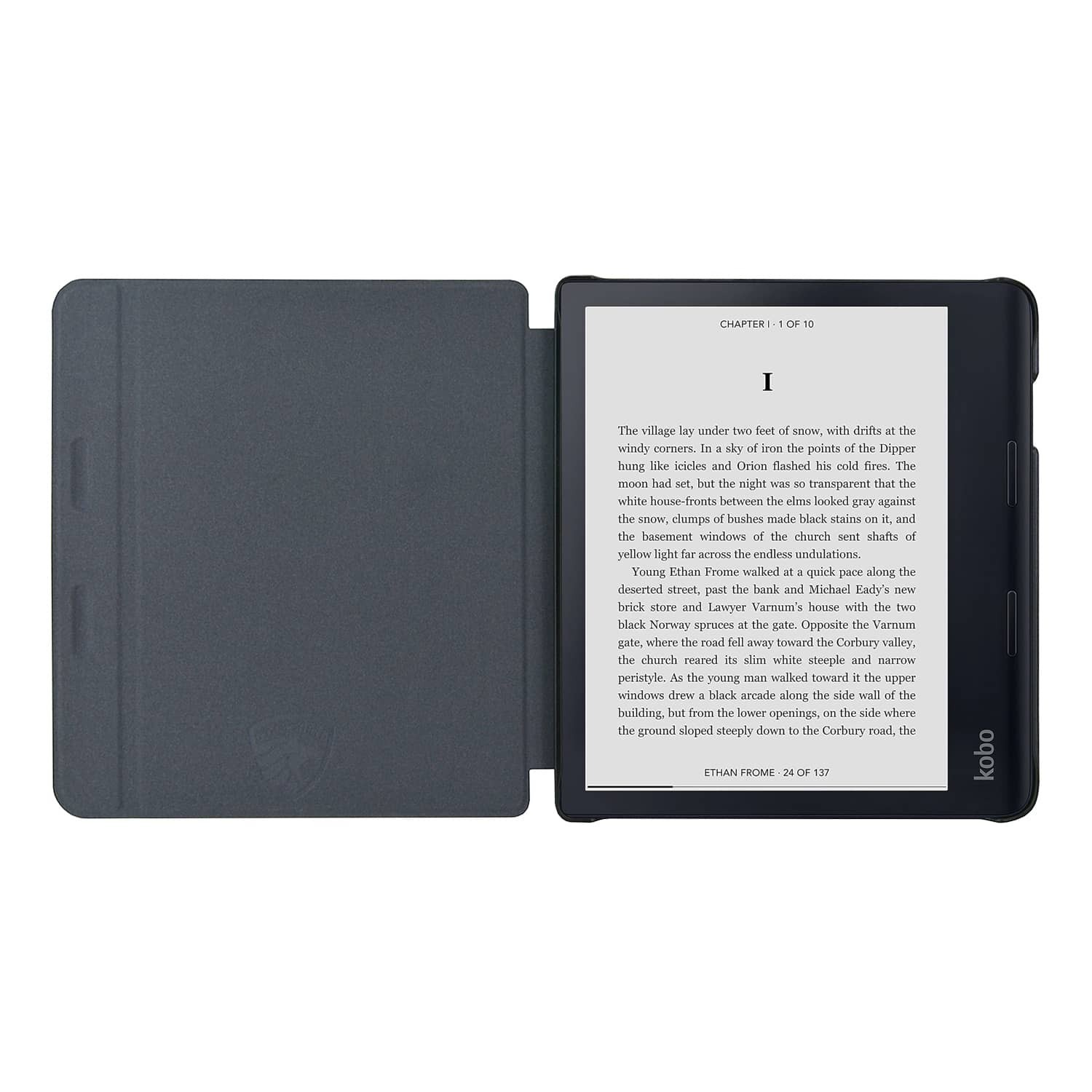 Een open e-reader met tekst weergegeven. De e-reader is zwart en heeft een donkergrijze hoes.