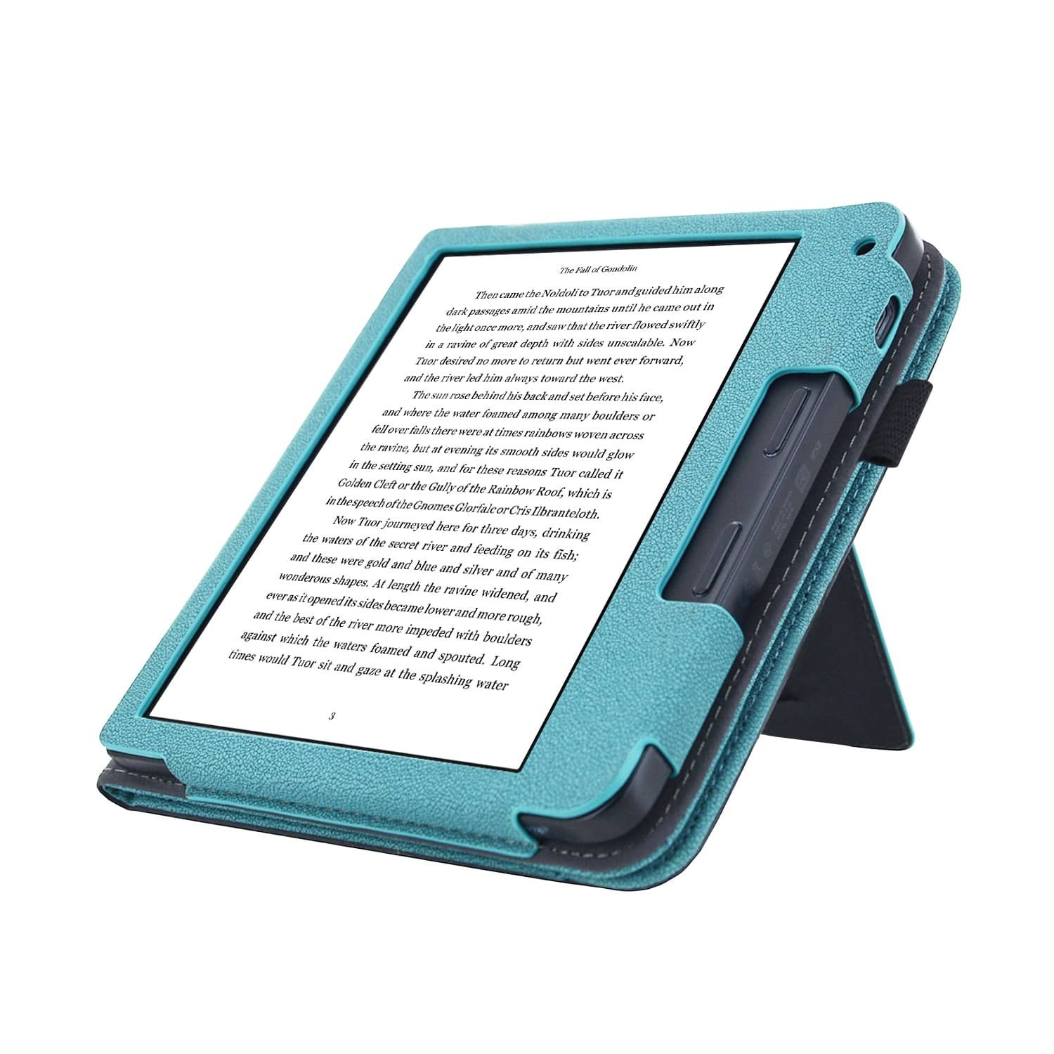 Een tablet in een blauwgroene hoes is open, opgezet. Tekst is zichtbaar op het scherm.