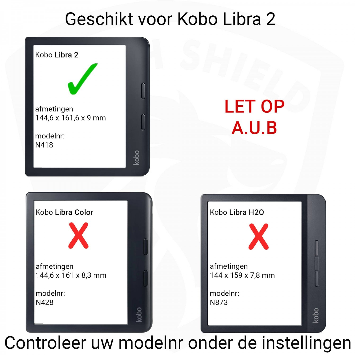 Afbeelding toont drie e-readers, met Libra 2 met een vinkje. Libra Color en H2O hebben een X. Tekst geeft compatibiliteit aan.