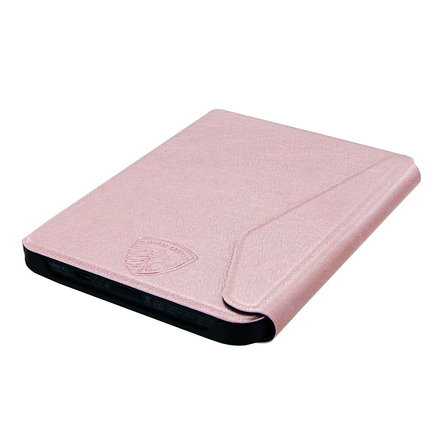 Een roze leren tablethoes wordt weergegeven op een witte achtergrond. De hoes heeft een textuuroppervlak met een logo en een flap.