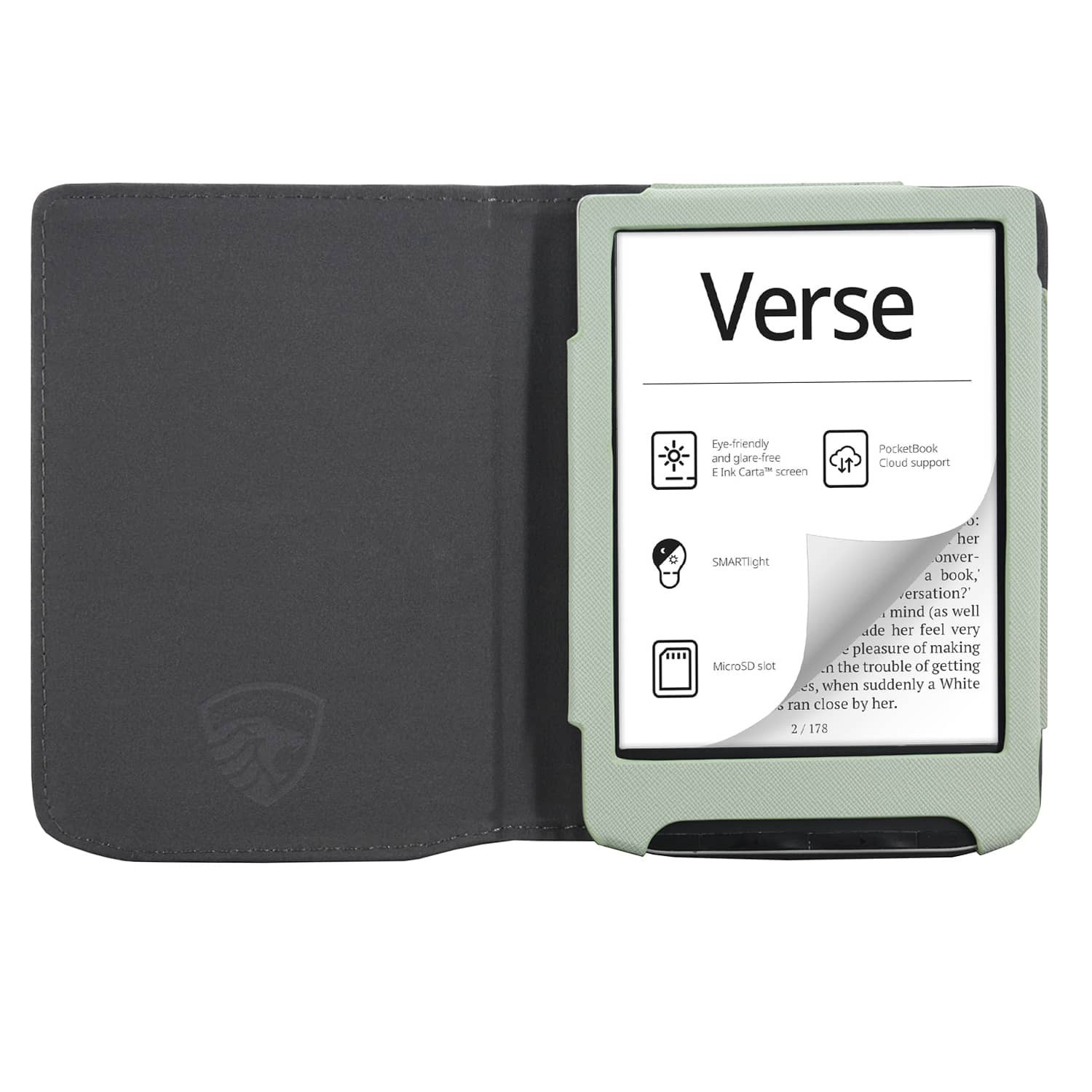 Een e-reader met een groene rand is open en toont het woord 'Verse'. Het zit in een donkergrijze hoes. Tekst en pictogrammen zijn zichtbaar op het scherm.