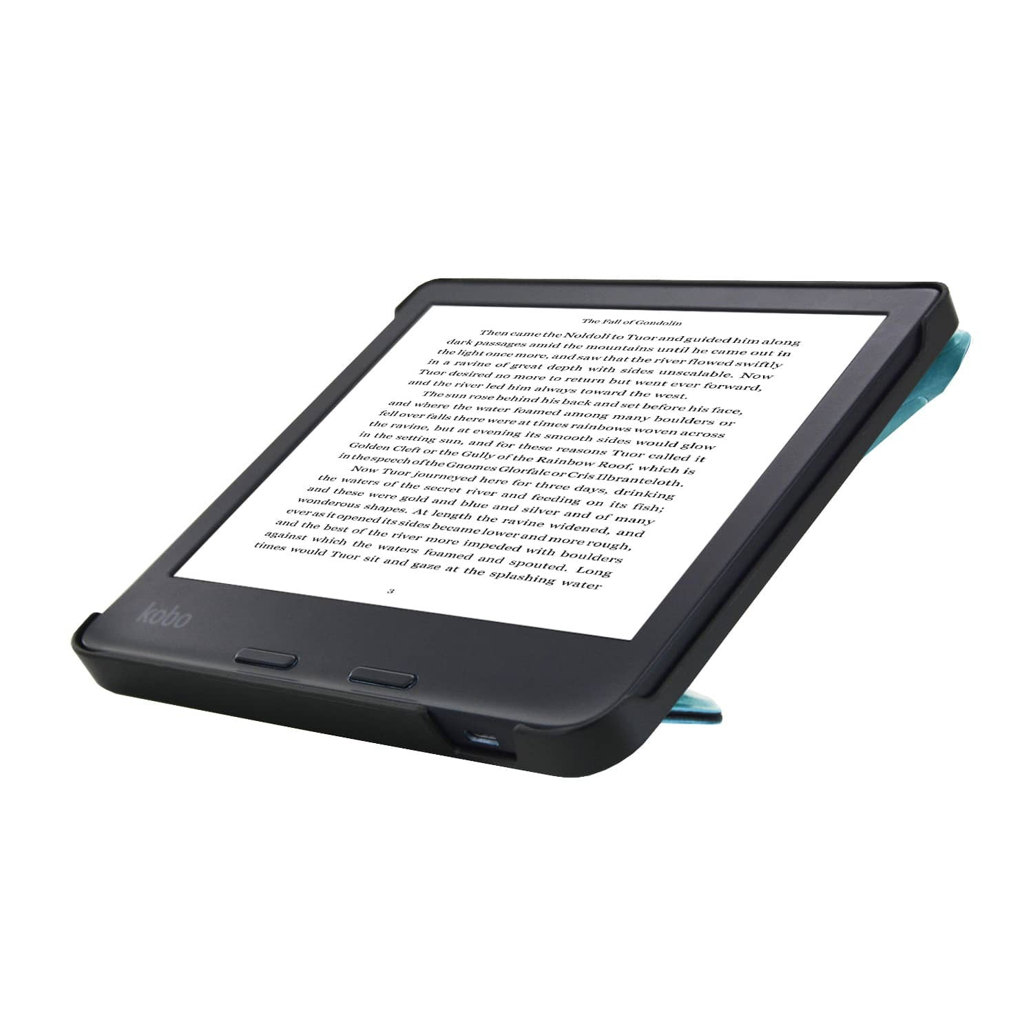 Een zwarte Kobo e-reader met tekst op het scherm. Het zit in een zwarte hoes met een blauwe cover.