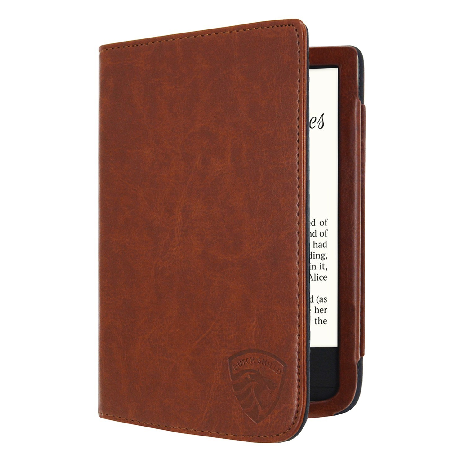 Een bruine leren e-readerhoes met een e-reader erin, met tekst. De hoes heeft een logo met 'DUTCH SHIELD'.