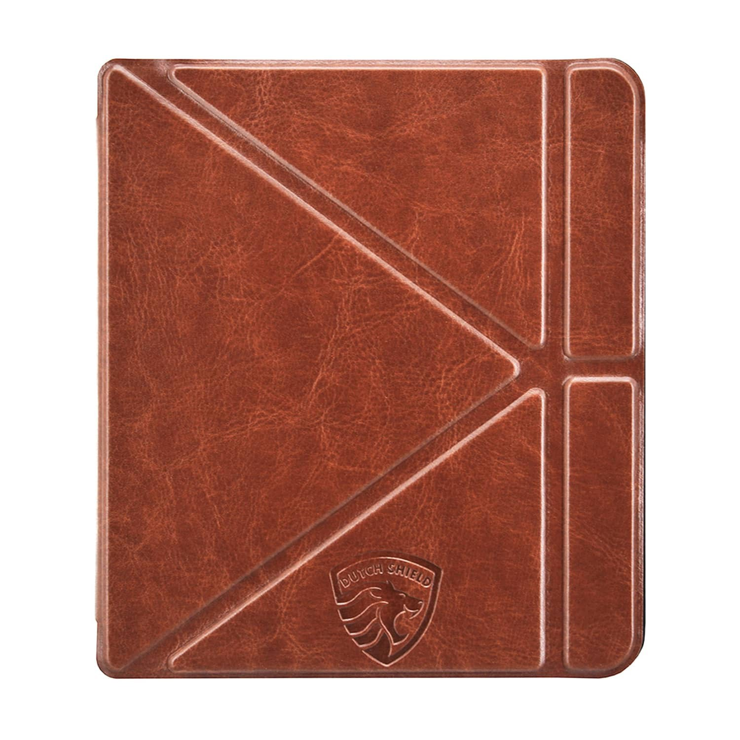 Een bruine leren tablethoes met een schildlogo. Geometrische designelementen, een textuuroppervlak en een Dutch Shield-logo.