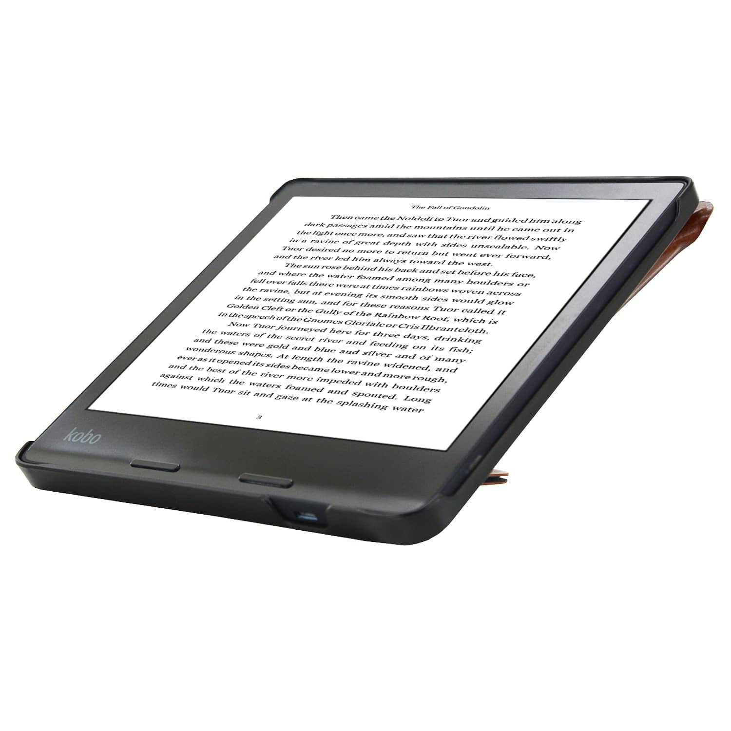 Een zwarte e-reader met bruine hoes, die tekst weergeeft. Het apparaat staat op een wit oppervlak met tekst.