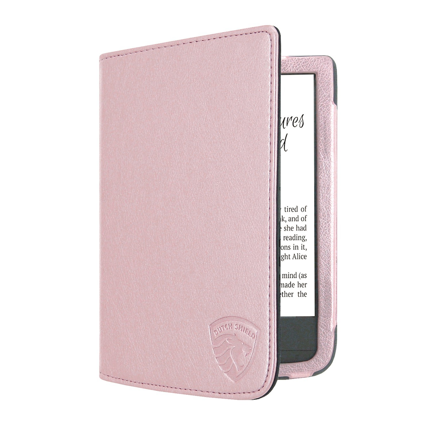 Een roze Dutch Shield e-reader hoesje gedeeltelijk open. Het scherm van de e-reader toont tekst. De hoes heeft een logo en stiksels.