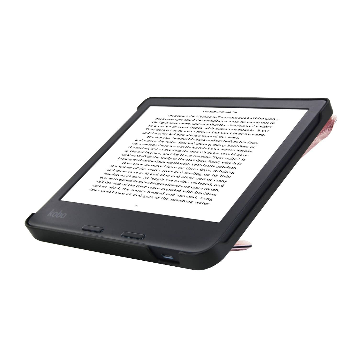 Zwarte Kobo e-reader met tekst. Het apparaat heeft een zwarte behuizing en een roze hoes.