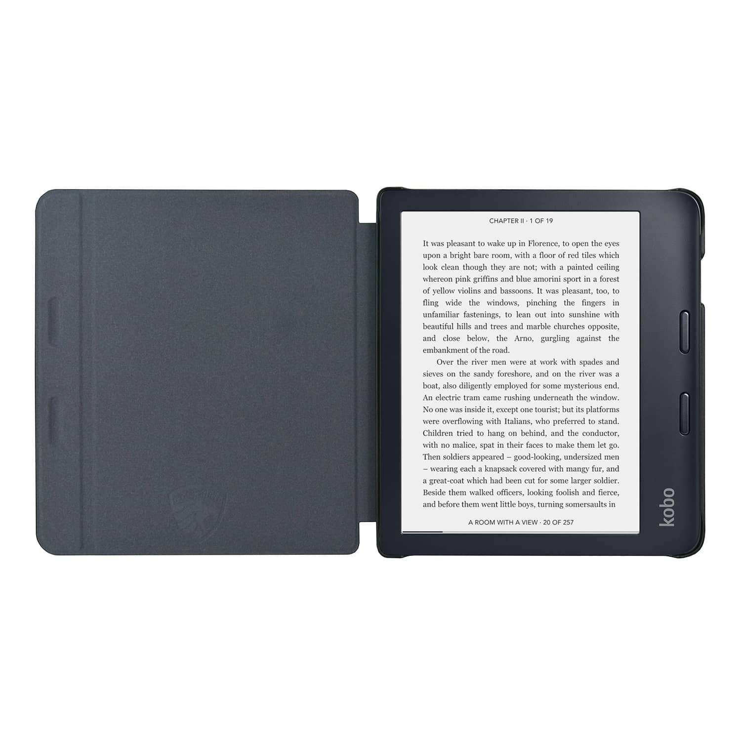 Een open Kobo e-reader toont tekst. De cover is open. De tekst beschrijft een kamer met rode tegels, heuvels, bomen en kerken.
