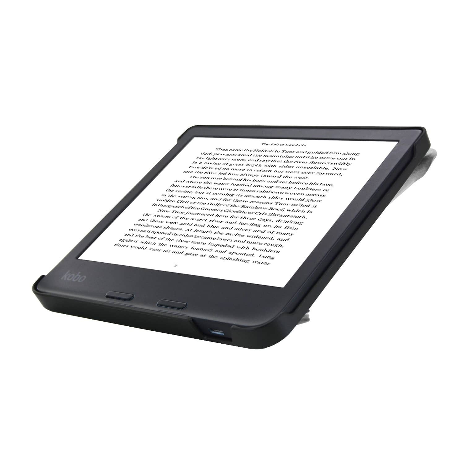 Een zwarte Kobo e-reader in een hoes, iets schuin, met tekst op het scherm. Witte achtergrond.