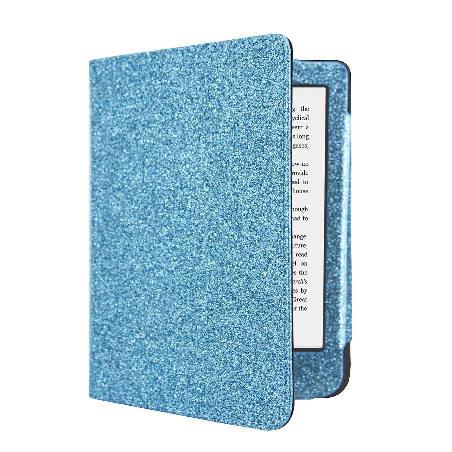 Een blauwe glitterende e-reader hoes, gedeeltelijk open, onthult het scherm. Tekst is zichtbaar op het scherm. De hoes is lichtblauw.