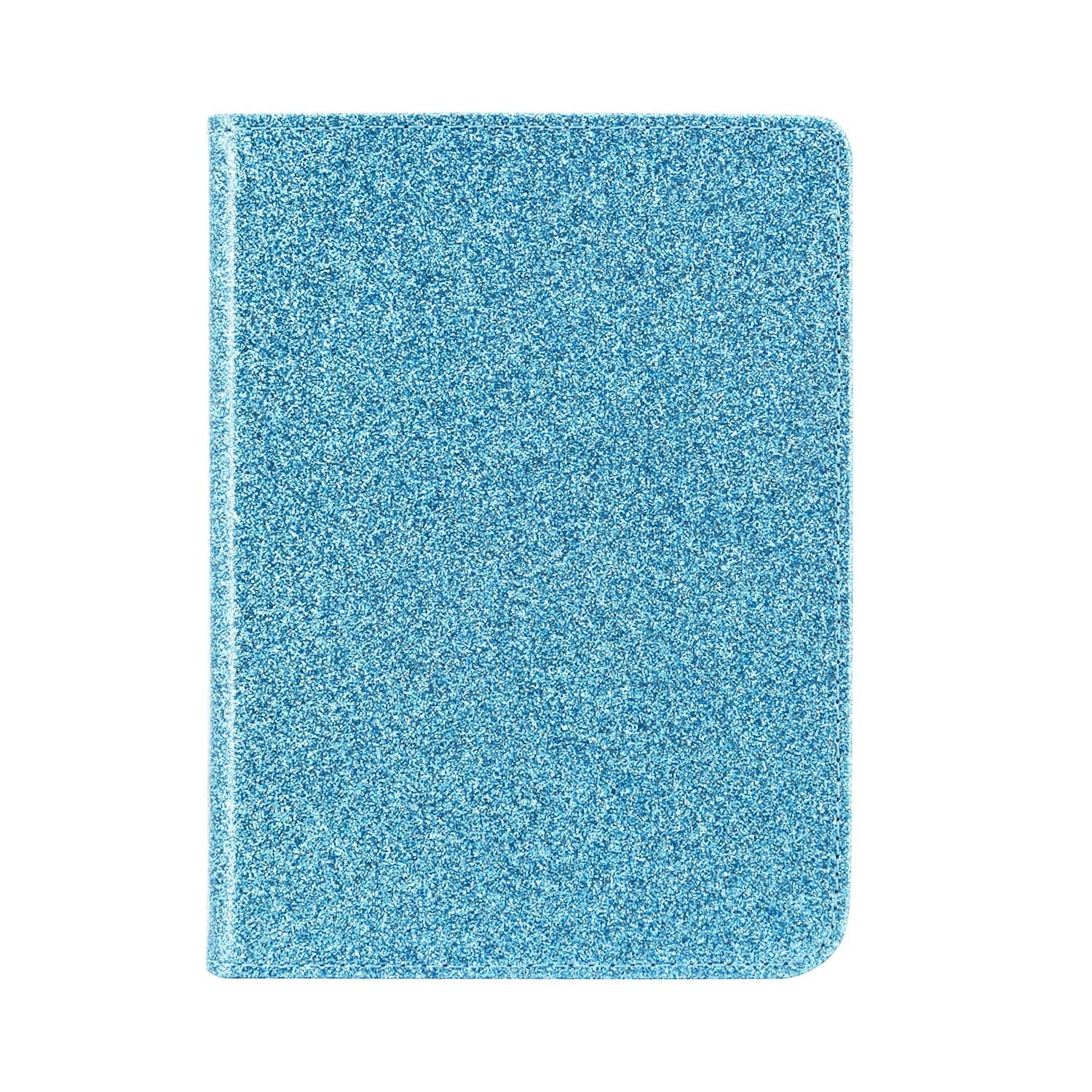 Een close-up van een rechthoekig, lichtblauw glitterobject. Het is verticaal georiënteerd tegen een witte achtergrond.