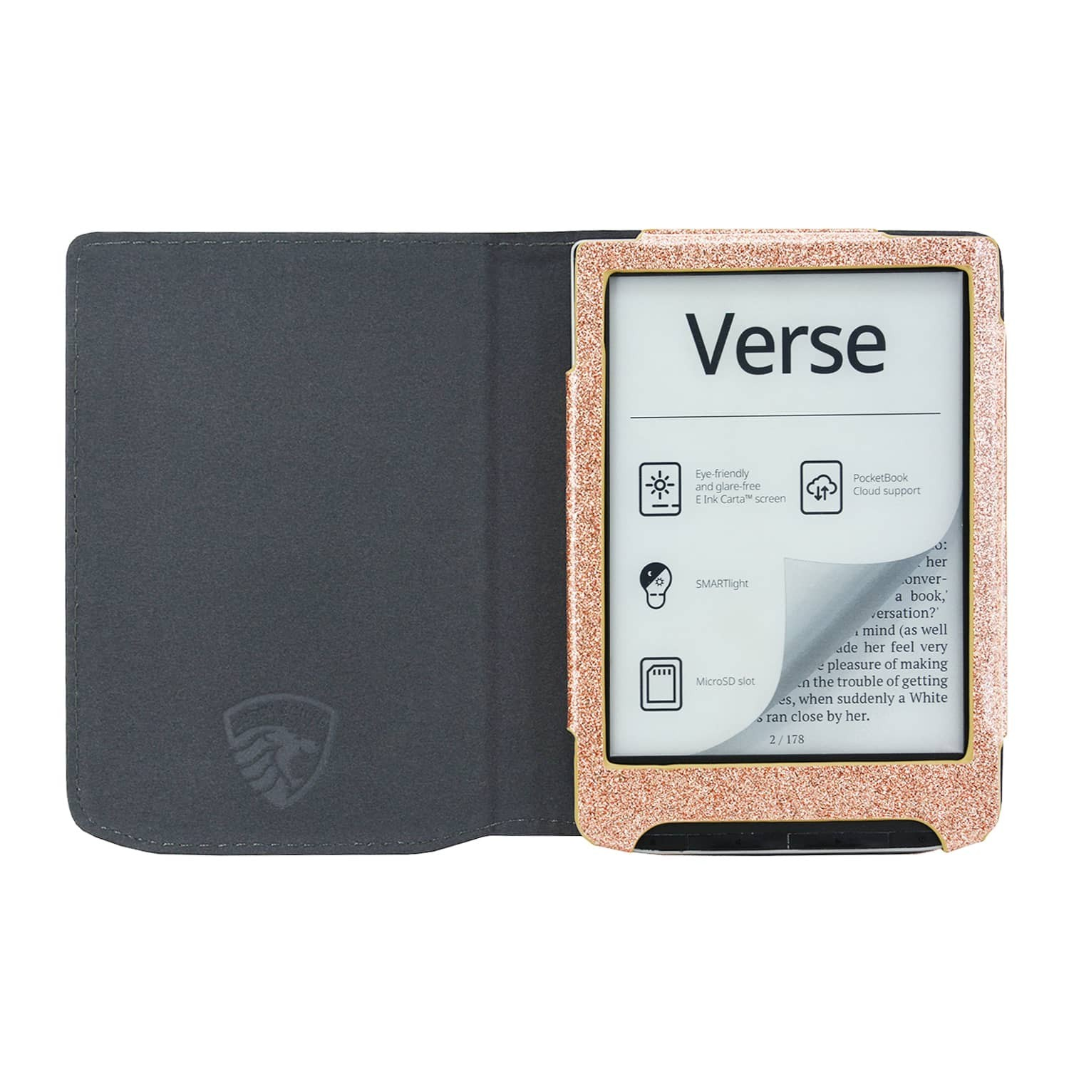 Een ebook-lezer met een roze glitterframe, geopend op een pagina. Aan de linkerkant een donkergrijze hoes. Op het scherm staat Verse.
