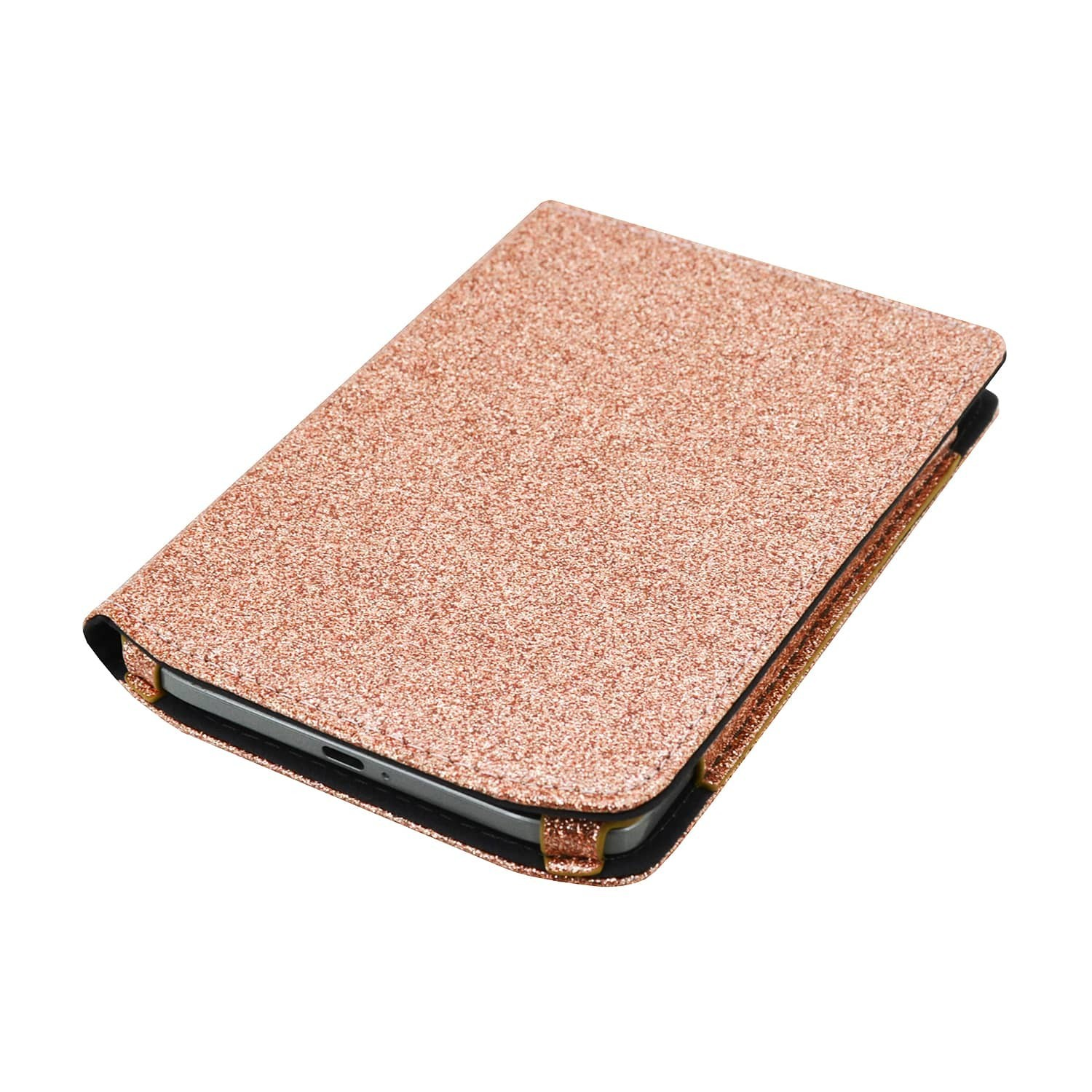 Een rosé gouden glitter tablet hoes, iets open, met een zwart interieur en een tablet rand. Witte achtergrond.