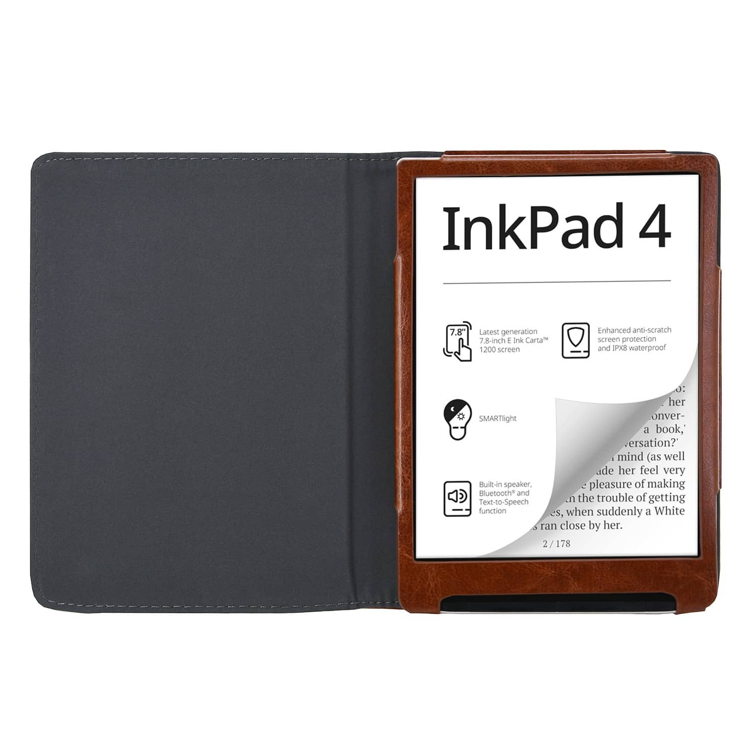 Een InkPad 4 e-reader in een bruine leren hoes, open om het scherm te onthullen. Grijze hoes links. Tekst en pictogrammen zijn zichtbaar.